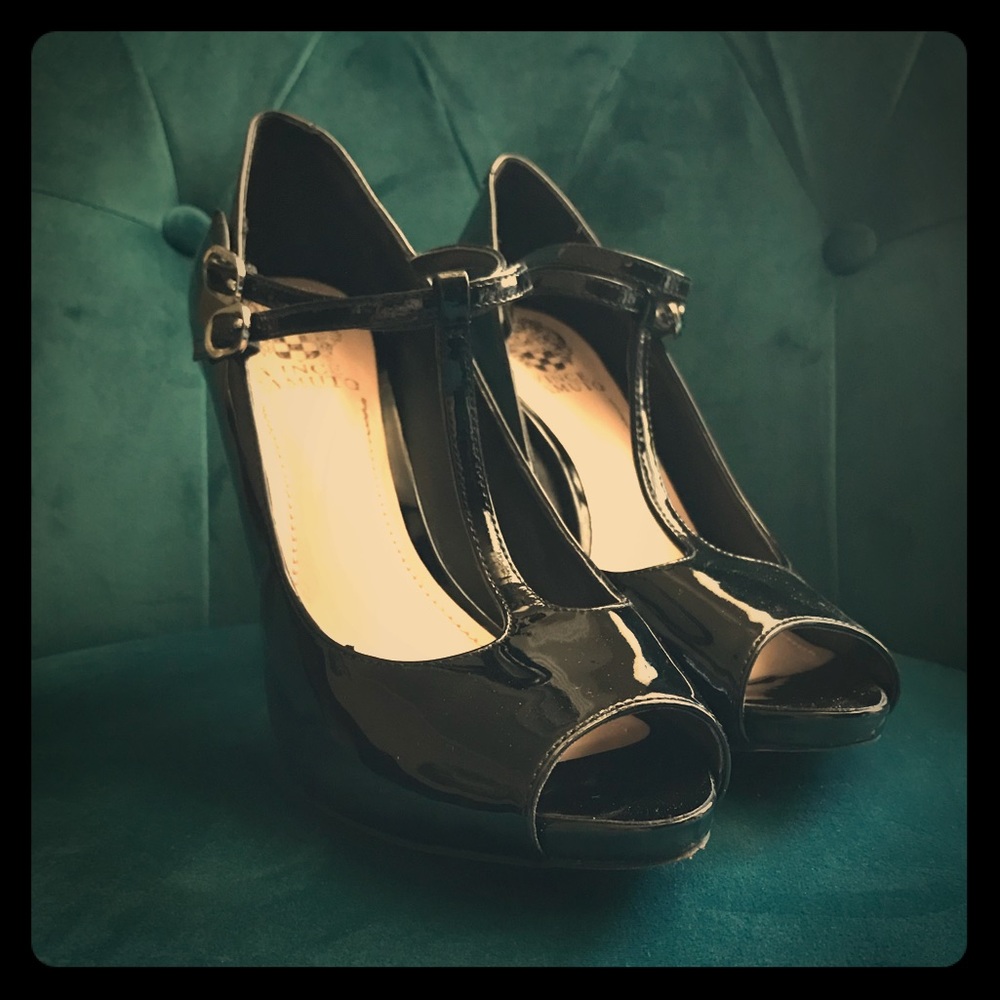 Vince Camuto T-strap black patent leather heels